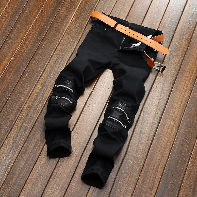 Men's Black Jeans Zip Decor Slim Fit Straight Pants