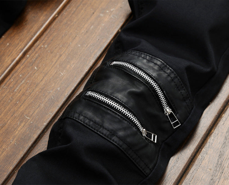 Men's Black Jeans Zip Decor Slim Fit Straight Pants