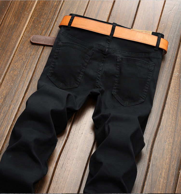 Men's Black Jeans Zip Decor Slim Fit Straight Pants