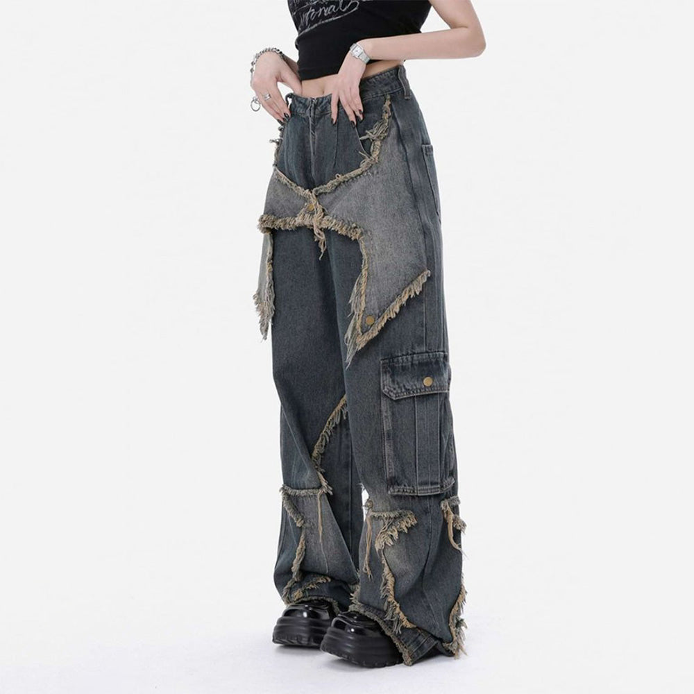 High Street Pentagram Patched Raw Edge Jeans