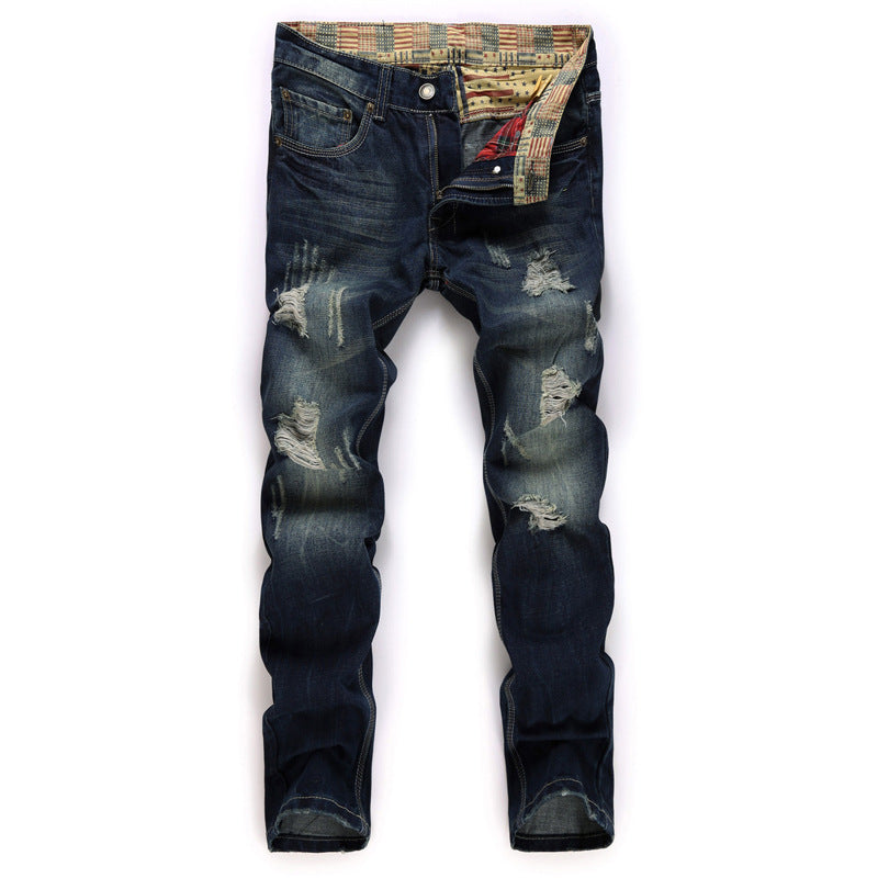 Men's Jeans Retro Washed Frayed Ripped Holes Pants