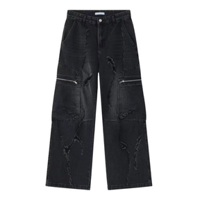 Irregular Hole Solid Color Cargo Jeans