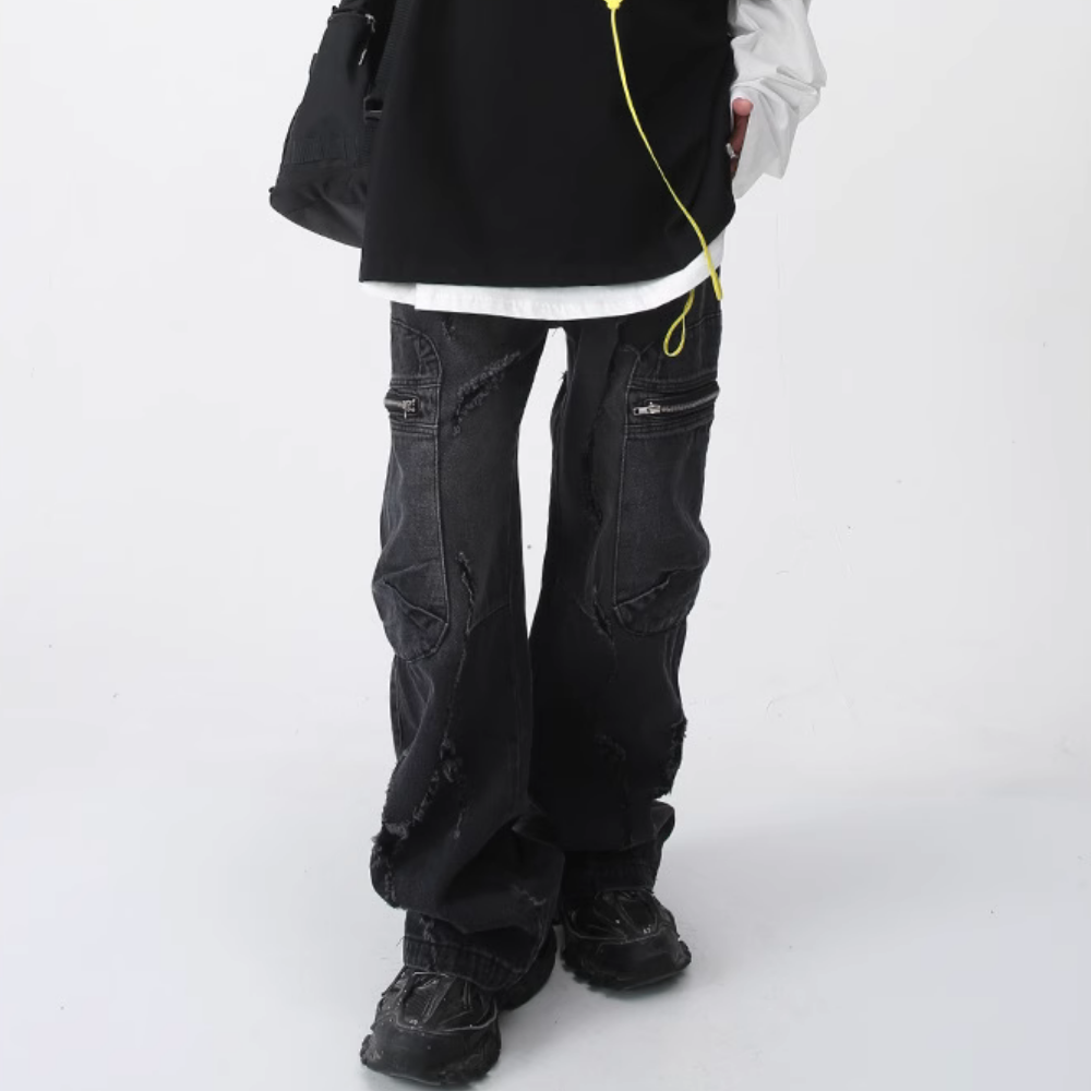 Irregular Hole Solid Color Cargo Jeans