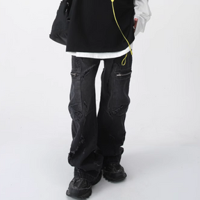 Irregular Hole Solid Color Cargo Jeans