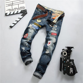 Men's Retro Ripped Jeans Badge Straight Leg Pants
