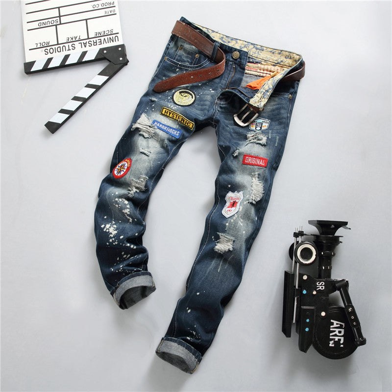 Men's Retro Ripped Jeans Badge Straight Leg Pants