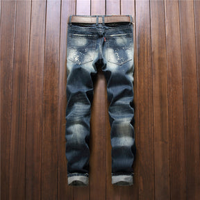 Men's Retro Ripped Jeans Badge Straight Leg Pants
