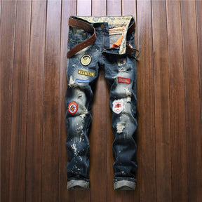 Men's Retro Ripped Jeans Badge Straight Leg Pants