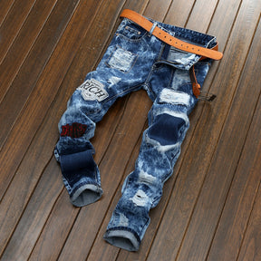 Men Embroidery Patched High Street Ripped Jeans