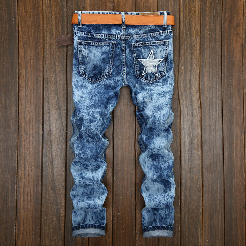 Men Embroidery Patched High Street Ripped Jeans