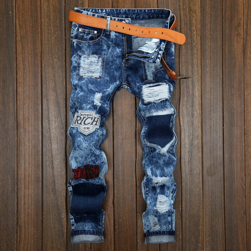 Men Embroidery Patched High Street Ripped Jeans