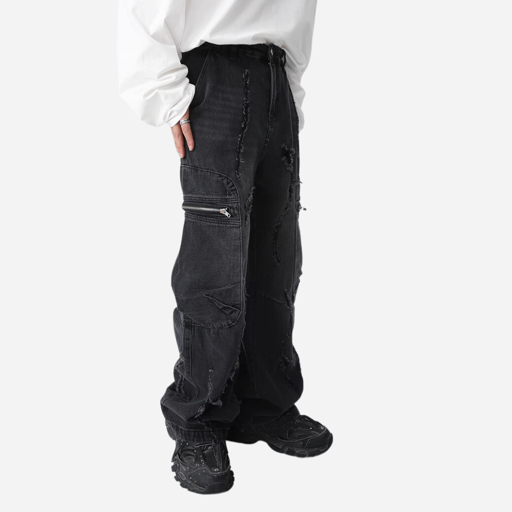 Irregular Hole Solid Color Cargo Jeans