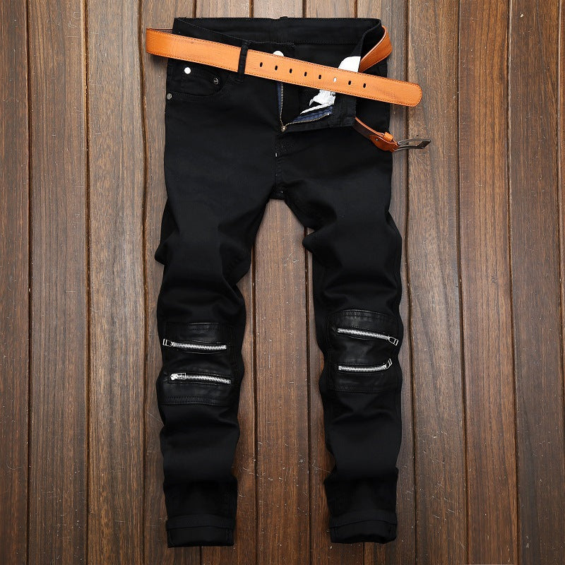 Men's Black Jeans Zip Decor Slim Fit Straight Pants