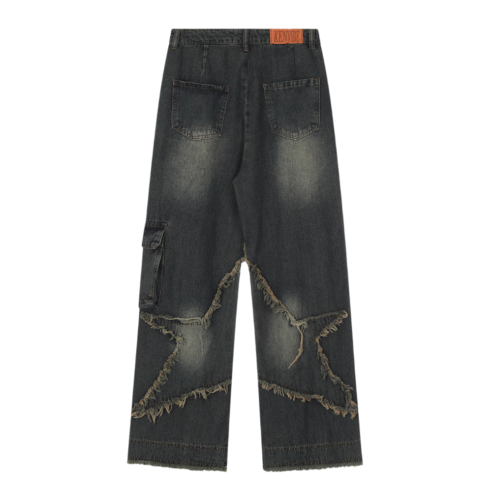 High Street Pentagram Patched Raw Edge Jeans