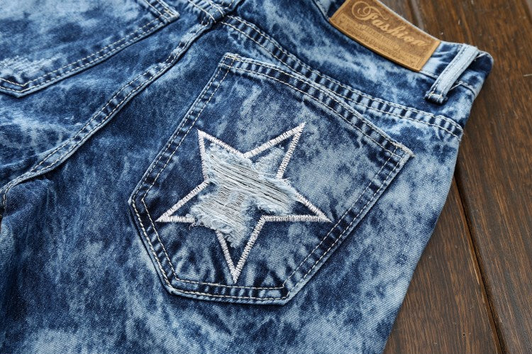 Men Embroidery Patched High Street Ripped Jeans