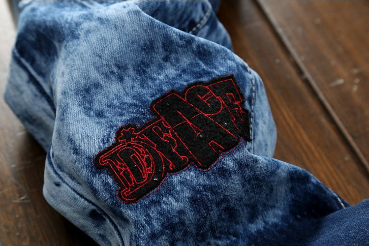 Men Embroidery Patched High Street Ripped Jeans