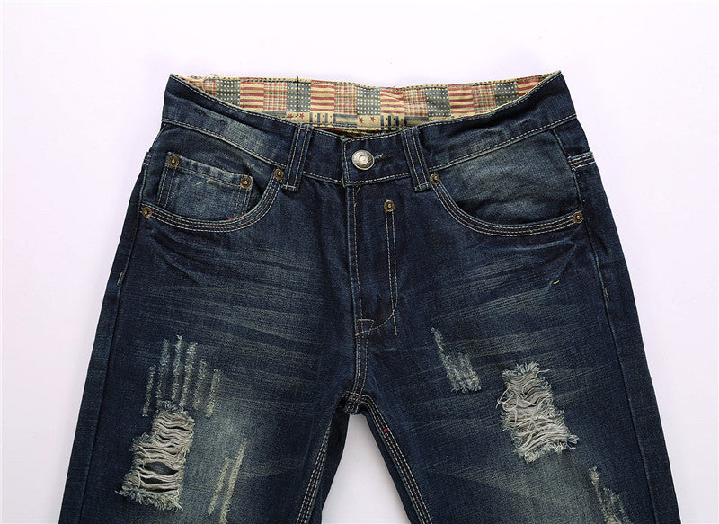 Men's Jeans Retro Washed Frayed Ripped Holes Pants