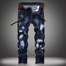 Men's Straight Embroidered Jeans Ripped Pants