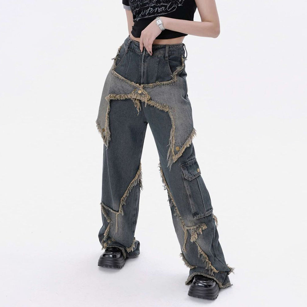 High Street Pentagram Patched Raw Edge Jeans