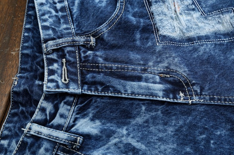 Men Embroidery Patched High Street Ripped Jeans